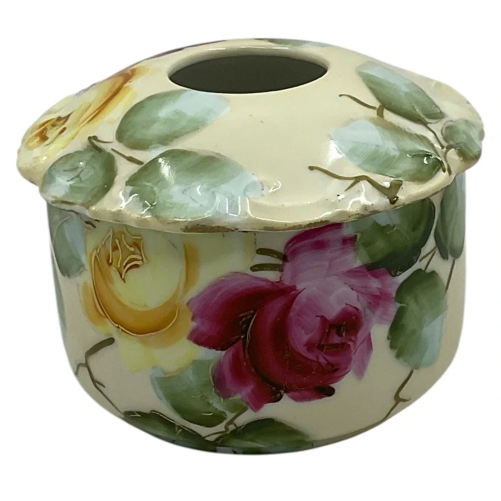 Vintage Vienna Hand Painted‎ Hair Receiver Porcelain Pale Yellow Base Pink Roses